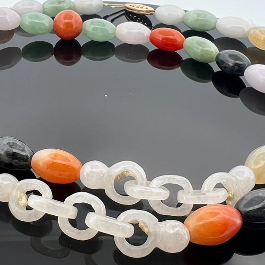 Vintage Multi-Color Jade Bead Necklace 14K Yellow Gold Clasp 27.5" Estate