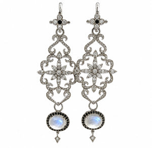 18K & 14K White Gold Moonstone Black Diamond Dangle Earrings 3" 17.9g