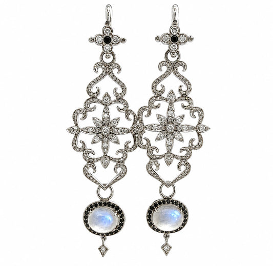 18K & 14K White Gold Moonstone Black Diamond Dangle Earrings 3" 17.9g