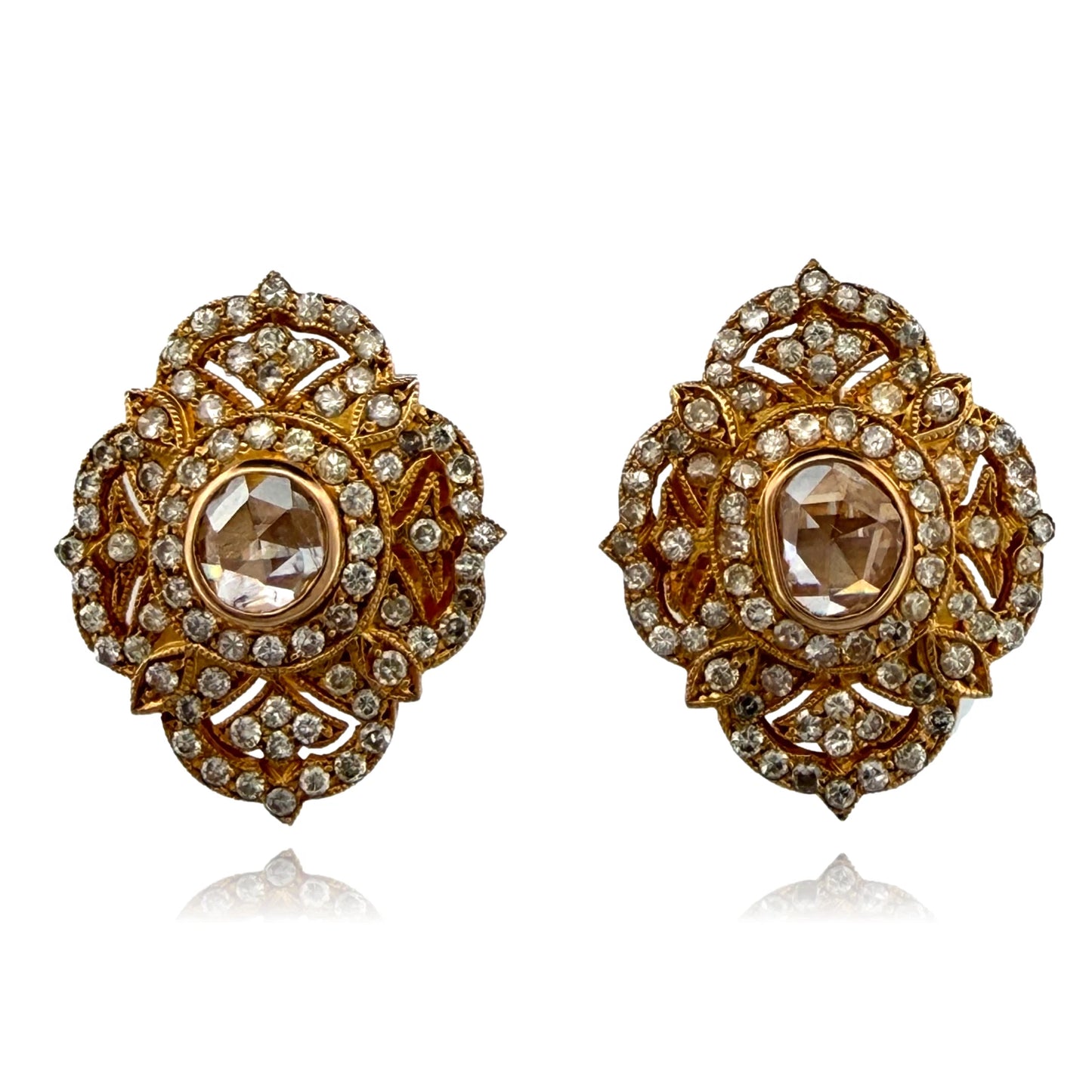 Natural Rose Cut and Round Brilliant Diamond Earrings 14K Yellow Gold Vintage 2CTW, main view