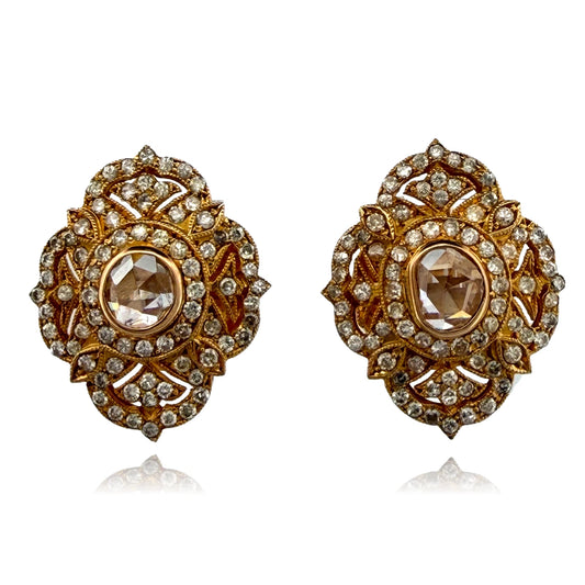 Natural Rose Cut and Round Brilliant Diamond Earrings 14K Yellow Gold Vintage 2CTW, main view