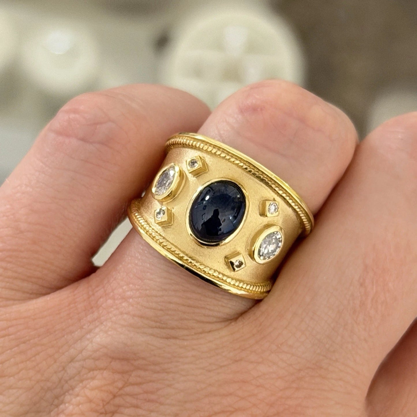 Handmade 18K Yellow Gold Sapphire Diamond Ring Wide Band Size 9 Estate 13g