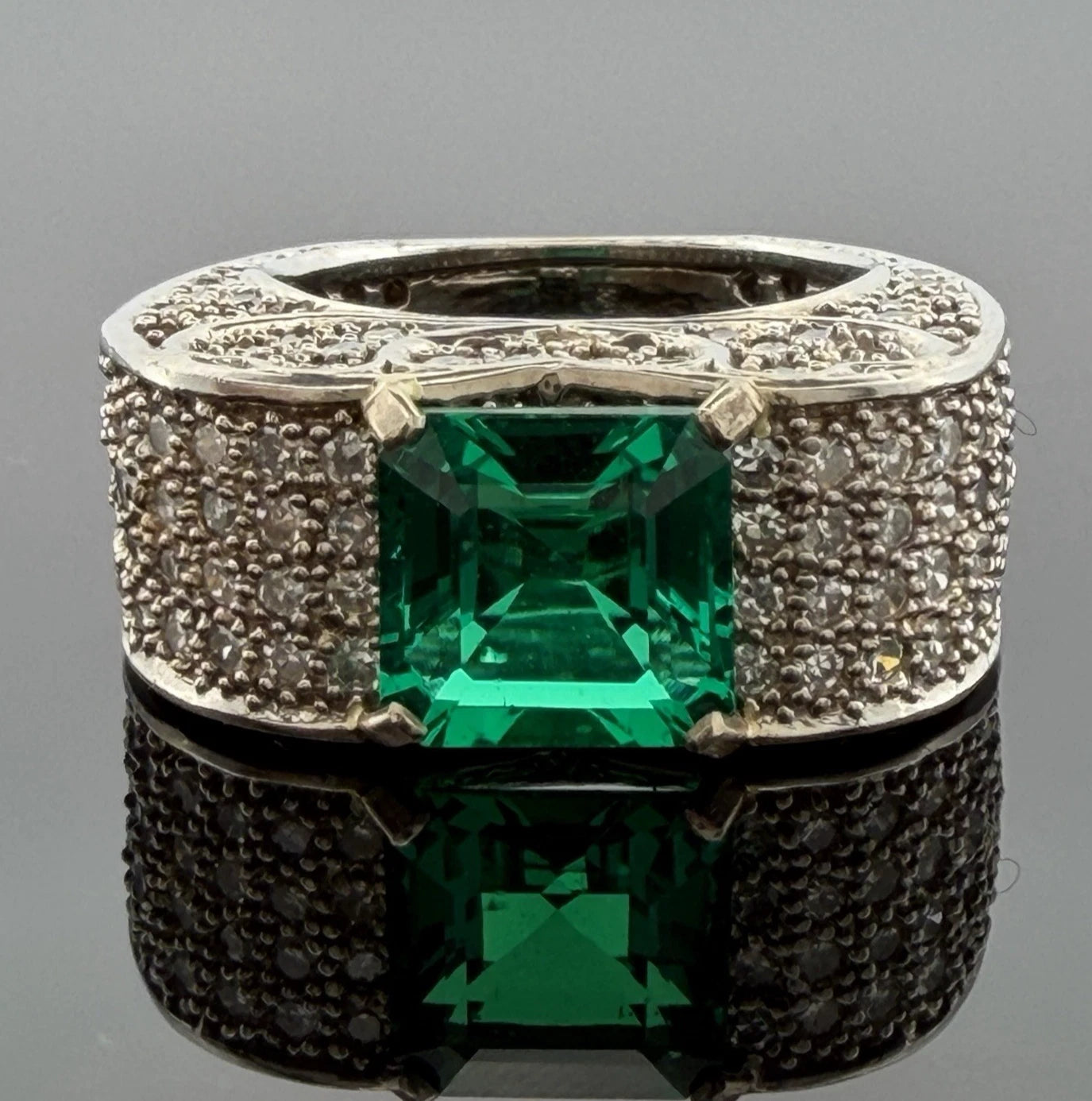 Lab Created Emerald and Diamond Ring 14K White Gold Wide Pavé Mounting 1.50CTW, main view