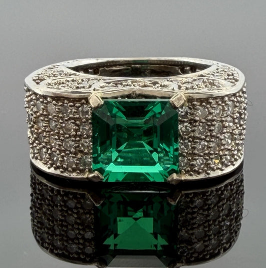 Lab Created Emerald and Diamond Ring 14K White Gold Wide Pavé Mounting 1.50CTW, main view