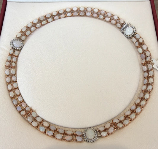 14K Rose & White Gold Opal Diamond Necklace 37.50CTW 55.98g NWT