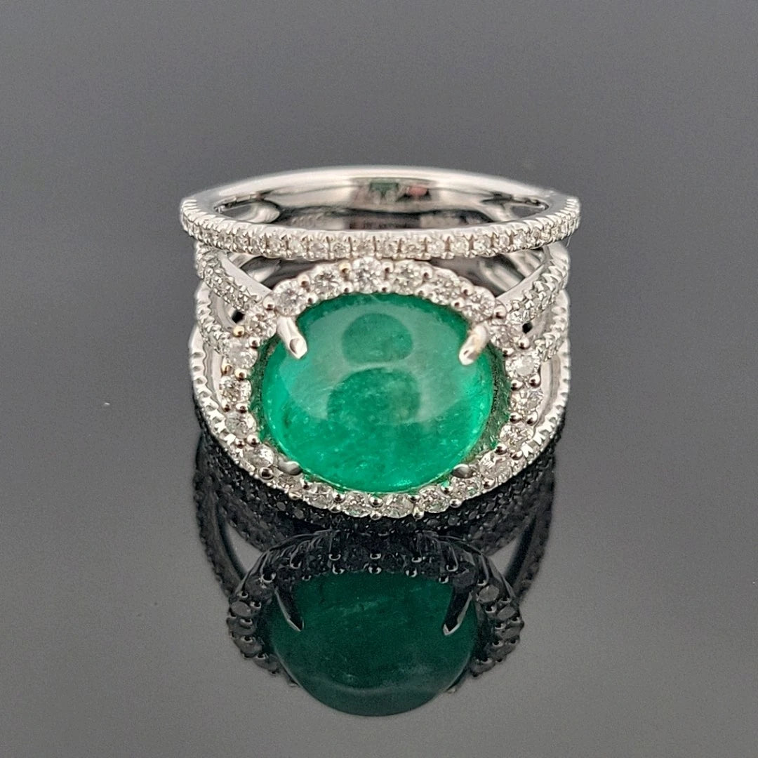 18K White Gold Oval Cabochon Emerald Ring 4.63ct Diamond Split Pave Shank 0.85ct by Devine & Co — back view