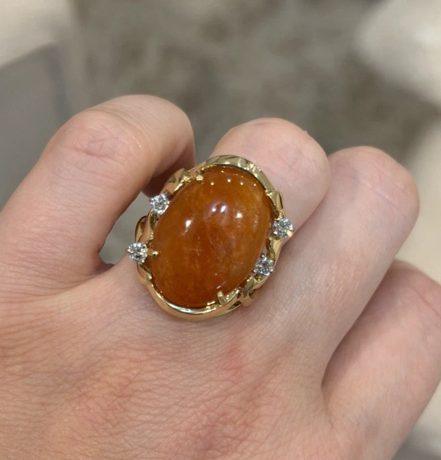 14K Yellow Gold Freeform Large Natural Orange Jadeite Cabochon & Diamond Ring by Devine & Co — setting detail