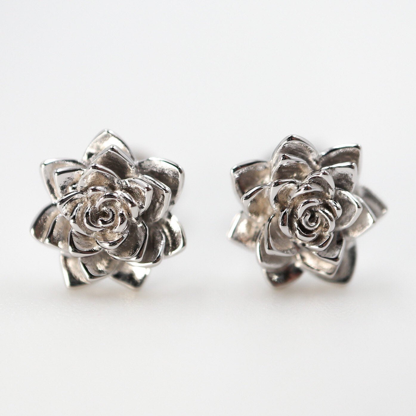 Succulent Post Stud Earrings 9mm Rhodium Plated Sterling Silver - Devine & Co.