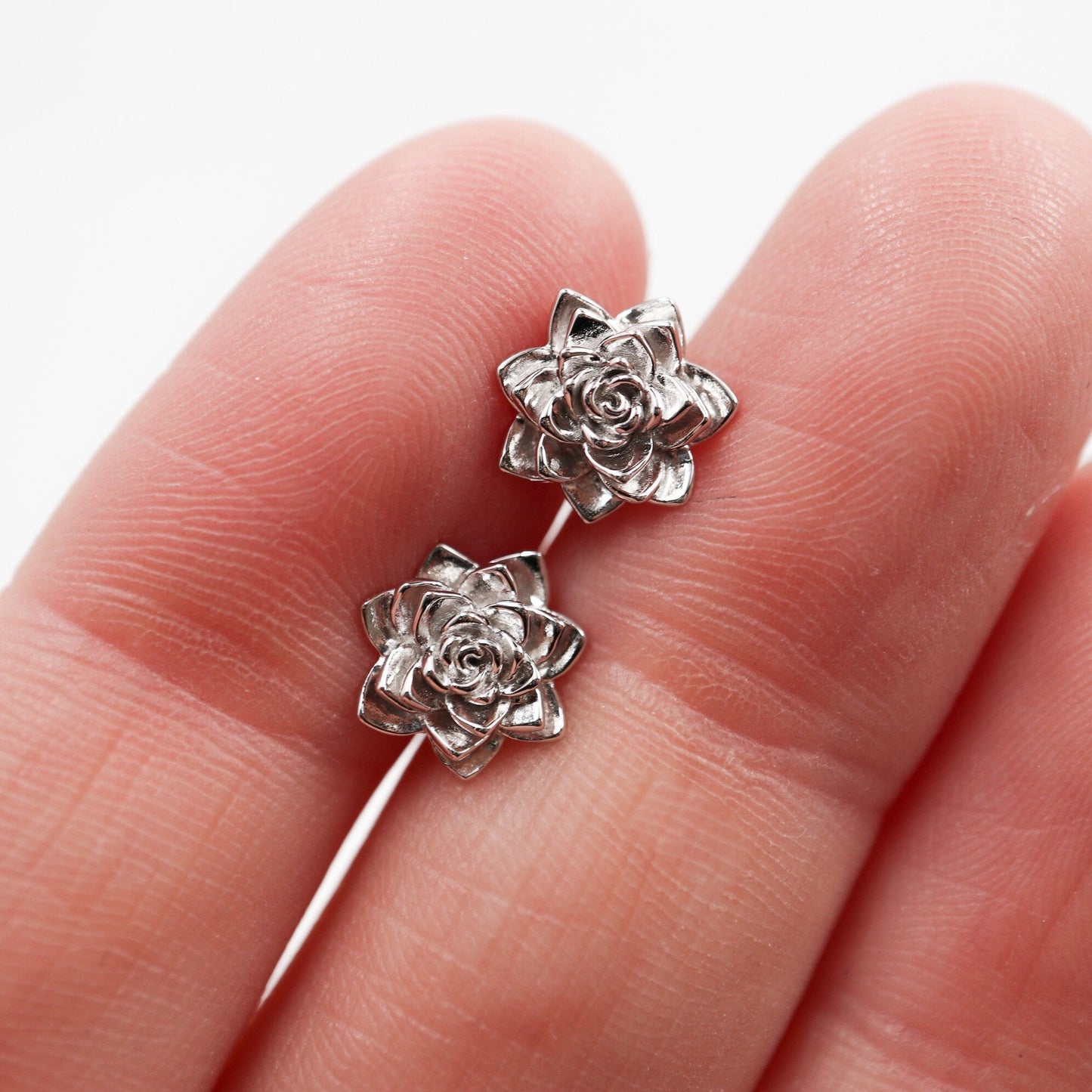 Succulent Post Stud Earrings 9mm Rhodium Plated Sterling Silver - Devine & Co.