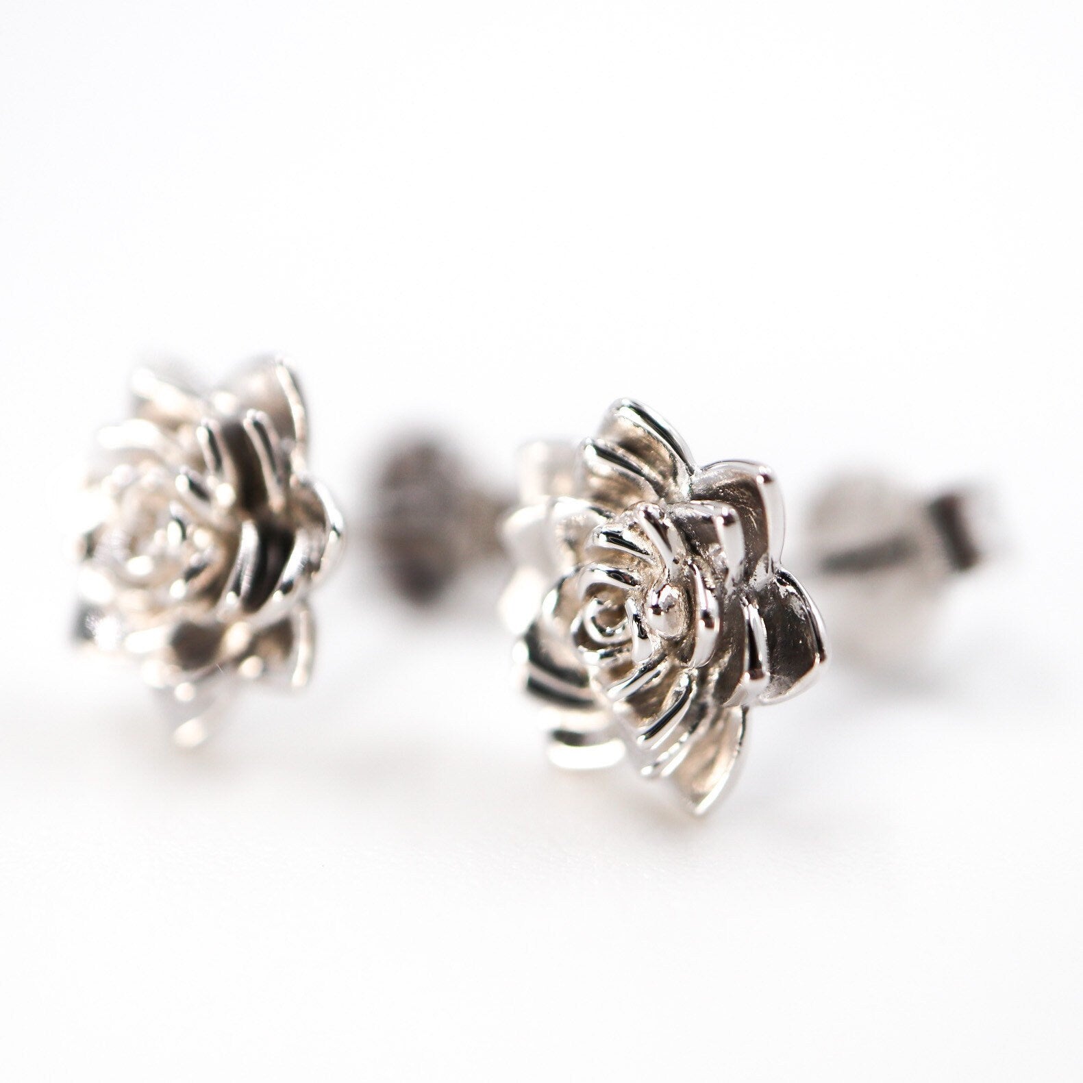 Succulent Post Stud Earrings 9mm Rhodium Plated Sterling Silver - Devine & Co.