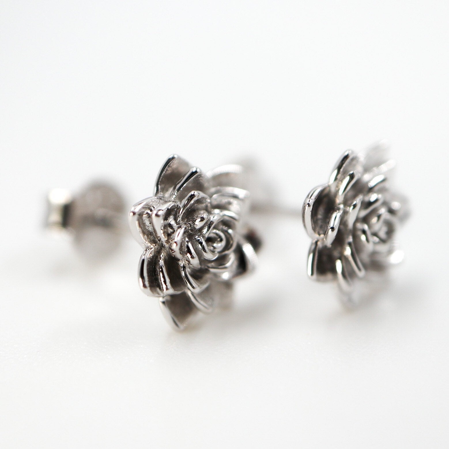 Succulent Post Stud Earrings 9mm Rhodium Plated Sterling Silver - Devine & Co.