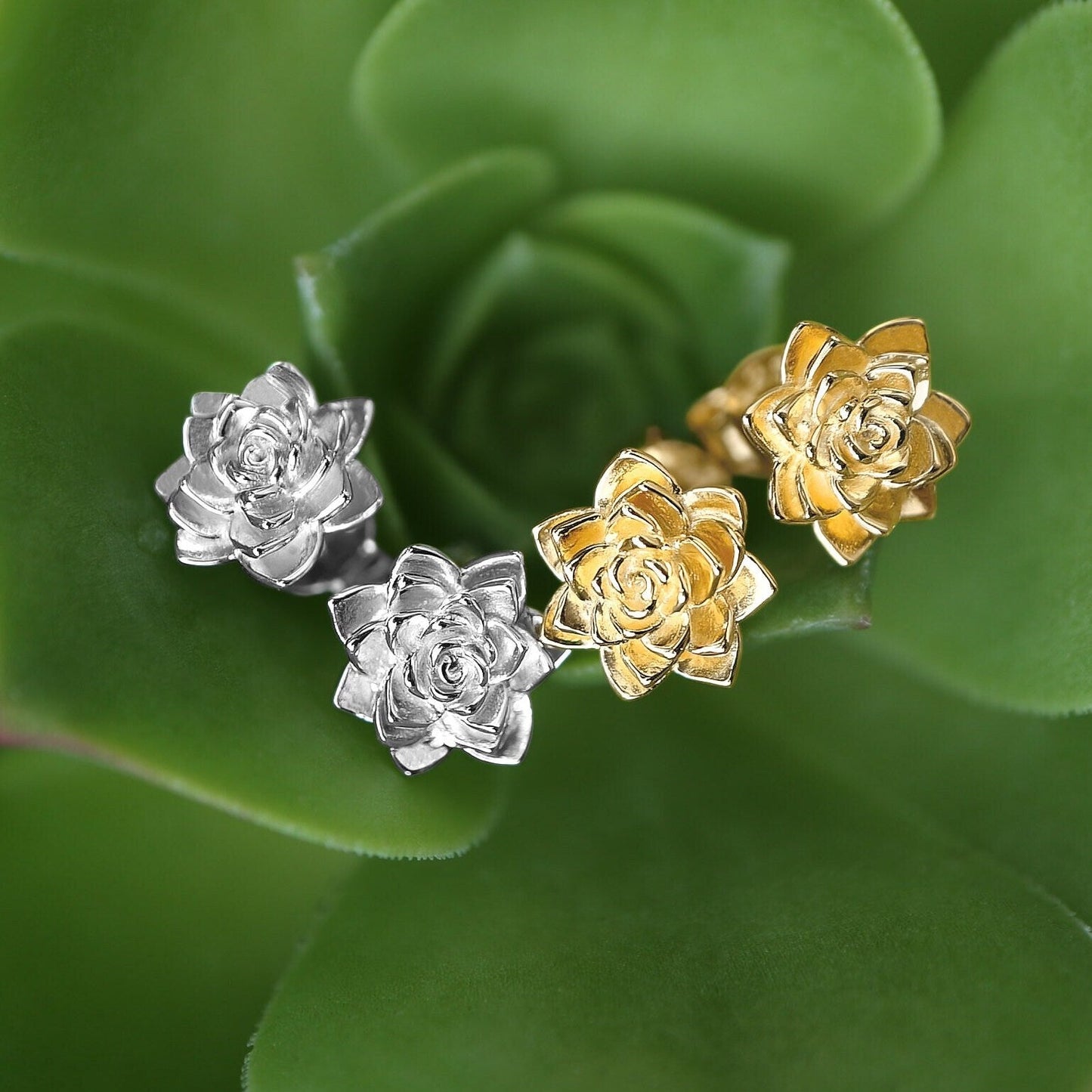 Succulent Post Stud Earrings 9mm Rhodium Plated Sterling Silver - Devine & Co.