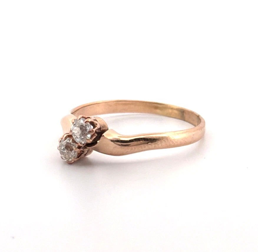 Antique 14K Rose Gold 0.40CTW Old Mine Cut Diamond 2-Stone Bypass Ring Size 9.75