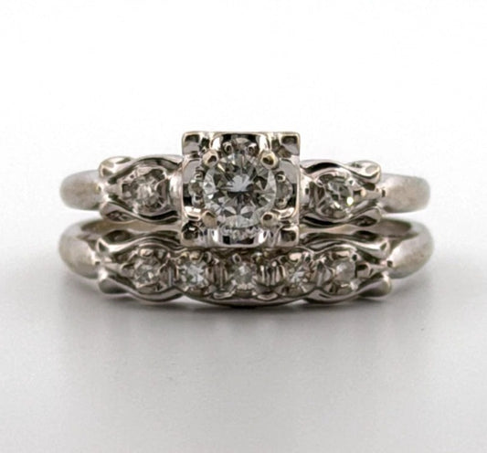 Vintage 10K White Gold RBC & Single Cuts 0.45ctw Diamond Wedding Set Ring Size 9