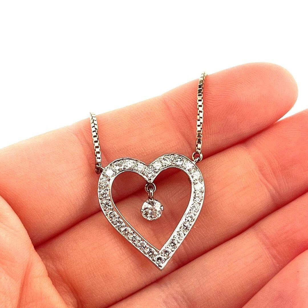 Vintage 1.05CTW Old European Cut Natural Diamond Pave Open Heart Dangle Necklace - Devine & Co.