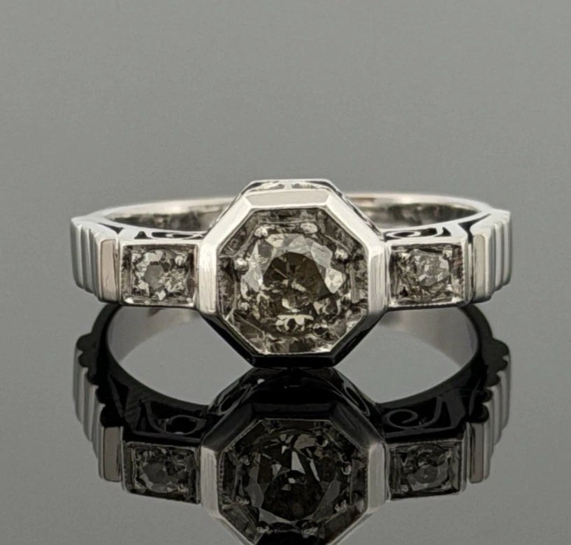 Vintage 14K White Gold Old European Cut Diamond Ring 0.60 CTW Size 6.25 Estate - Devine & Co.