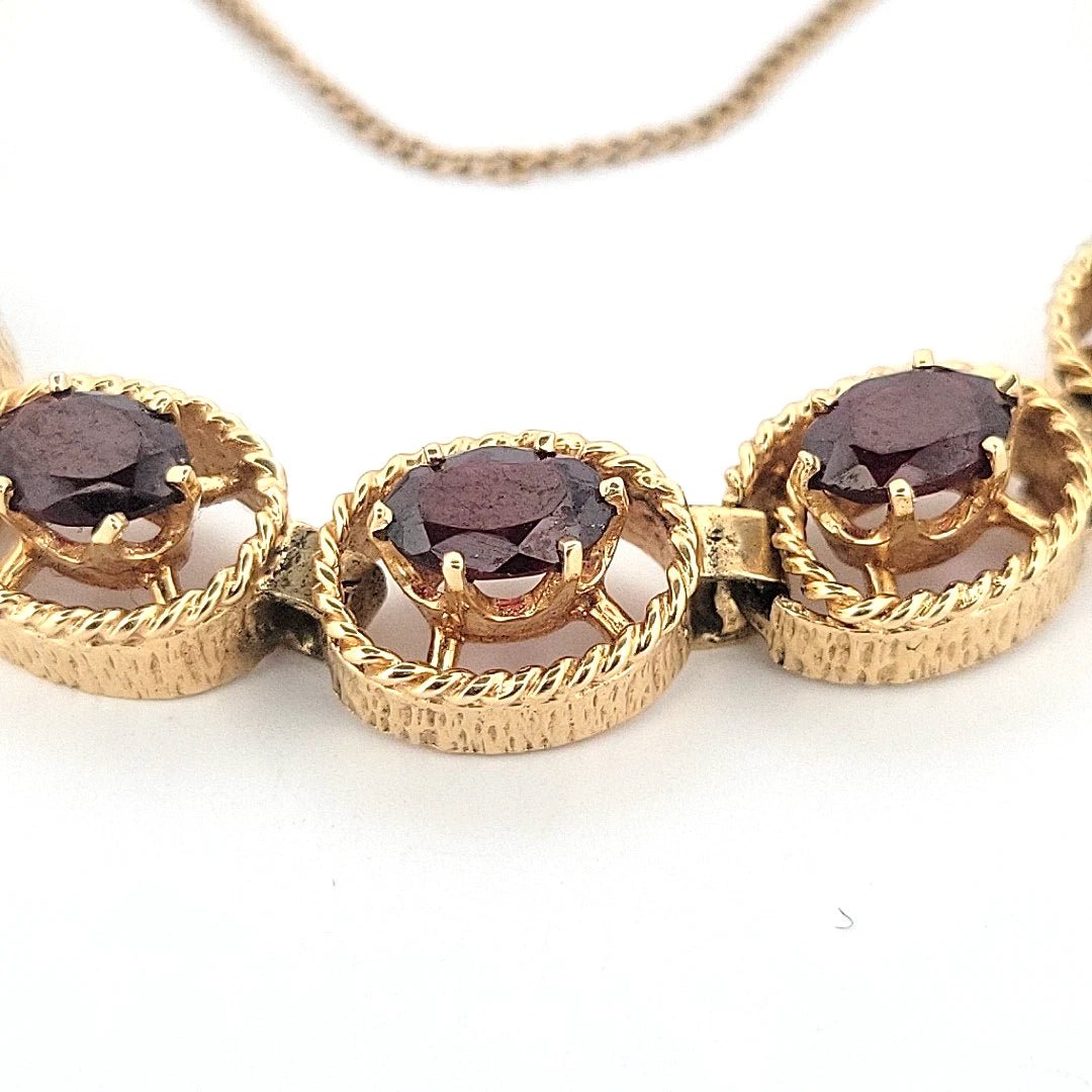 Vintage 14K Yellow Gold Natural Garnet Link Bracelet Bark Finish 12CTW 8 27 Gr - Devine & Co.
