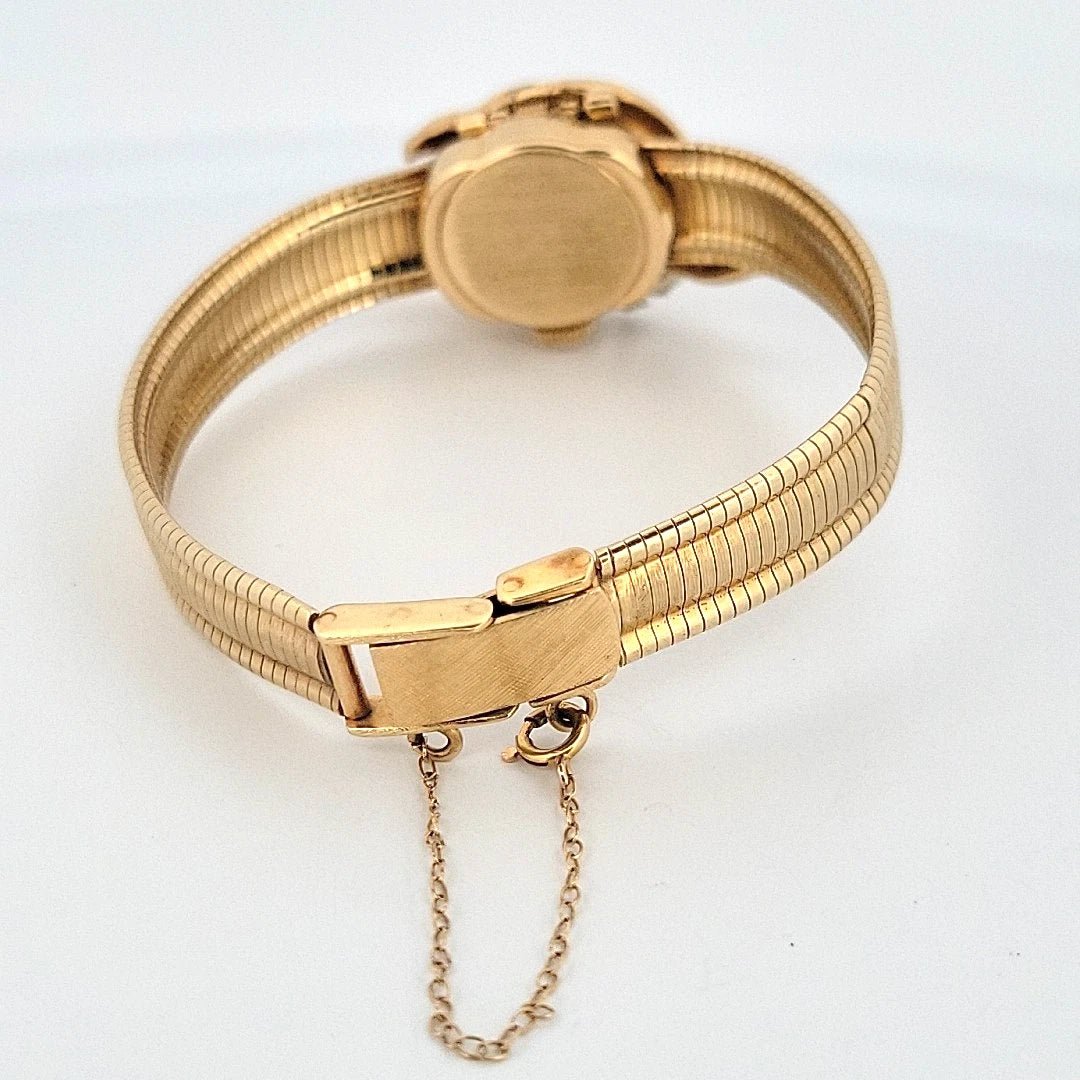 Vintage Hamilton 14K Yellow Gold Hidden Watch Bracelet Florentine Leaf Diamonds - Devine & Co.