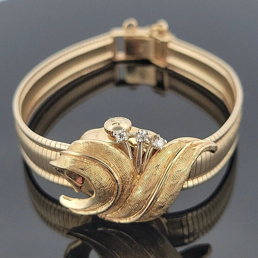 Vintage Hamilton 14K Yellow Gold Hidden Watch Bracelet Florentine Leaf Diamonds - Devine & Co.