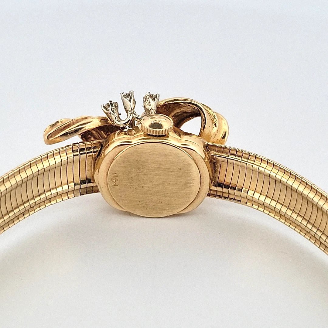 Vintage Hamilton 14K Yellow Gold Hidden Watch Bracelet Florentine Leaf Diamonds - Devine & Co.