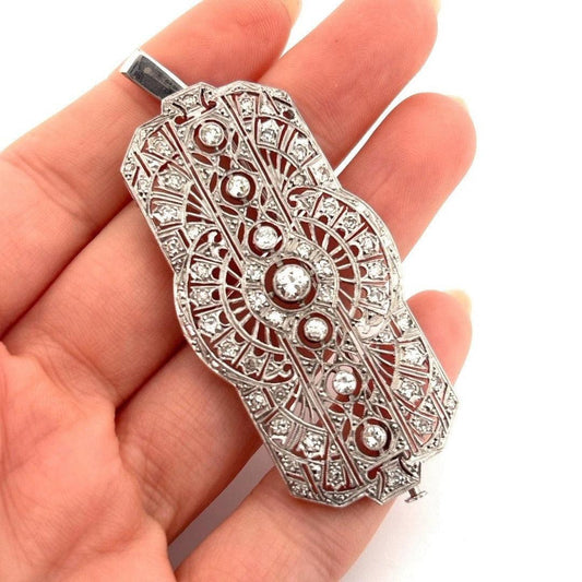 Vintage Platinum Pendant 1.60ctw 13.61g Art Deco Style Natural Diamond Brooch-Brooch-Devine &amp; Co.
