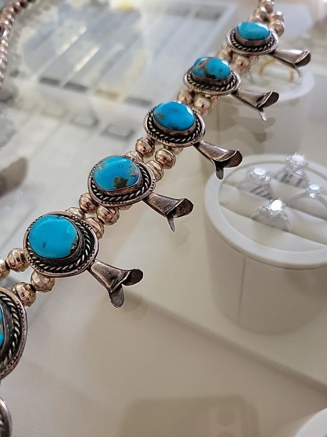 Vintage Sterling Silver Squash Blossom Necklace with Turquoise, 170 Grams, 24" - Devine & Co.