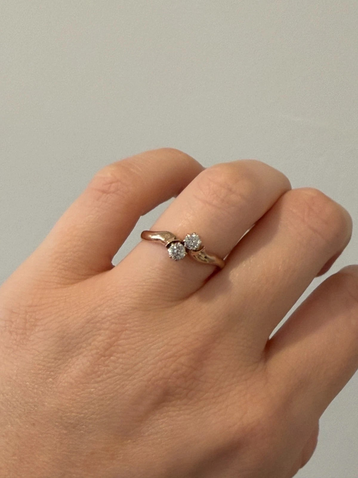 Antique 14K Rose Gold 0.40CTW Old Mine Cut Diamond 2-Stone Bypass Ring Size 9.75